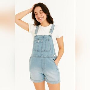 Nobo Denim Overall Shorts Romper 3/5 Light Wash Carpenter Style Adjustable Strap
